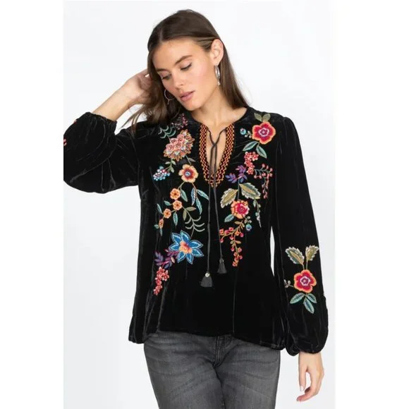 Johnny Was Ardell Velvet Relaxed Blouse Floral Embroidery Top Shirt Black NEW